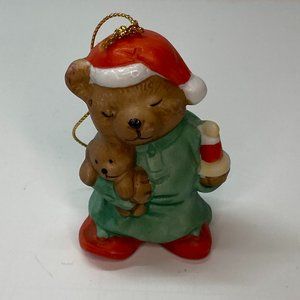 Bear Wearing PJs Holding Teddy Bear Ornament Porcelain Bisque